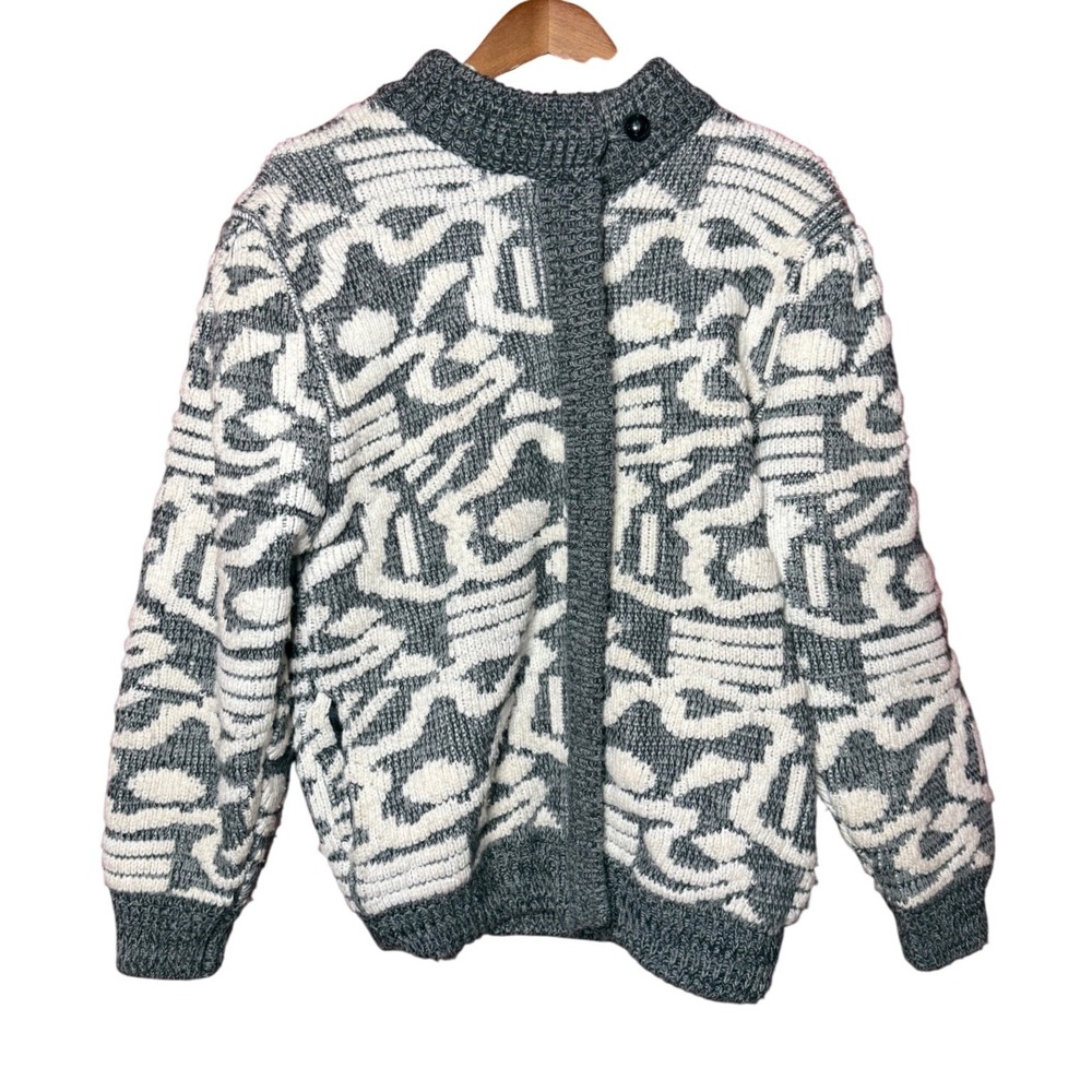 VTG Eva Cervantes Women Small Gray White Abstract Geometric Knit Line Zip Jacket